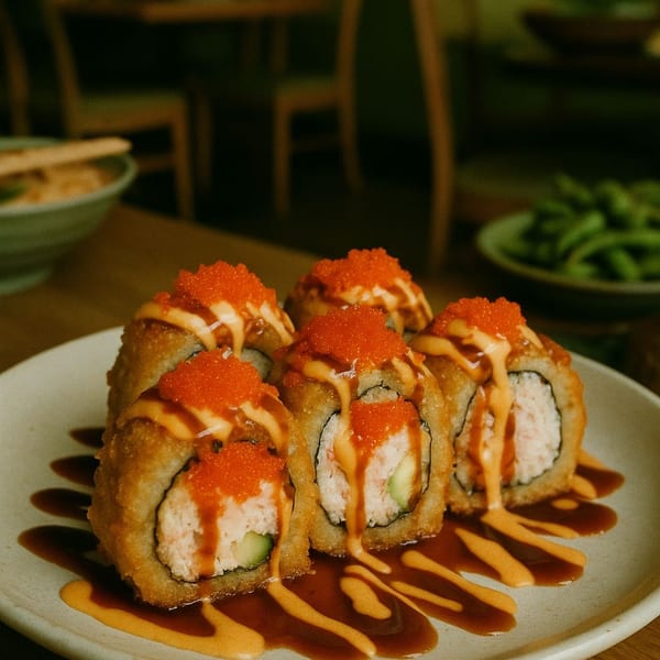 Sage Sushi Lounge's deep-fried sushi rolls with roe, spicy mayo, and eel sauce on a plate.