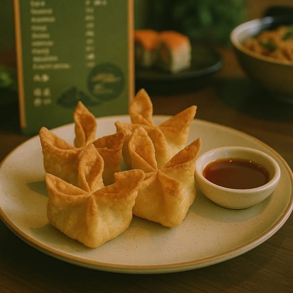 Five golden-fried crab rangoons with a side of dipping sauce on a plate at Sage Sushi Lounge.