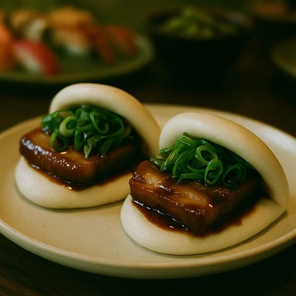 Two Japanese pork belly bao buns with green onions on a white plate, with sushi in the background.