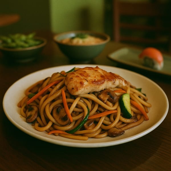 Chicken teriyaki udon noodles with vegetables, edamame, and a sushi roll on a table.